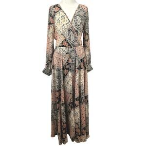 Indigo Rose Boho Patchwork Maxi Dress Long Sleeve Wrap Tie Waist Size M/L